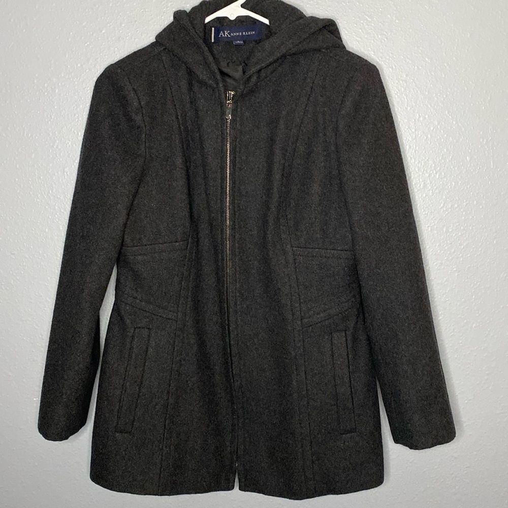 Anne Klein Wool Blend Charcoal Hooded Jacket Size Small